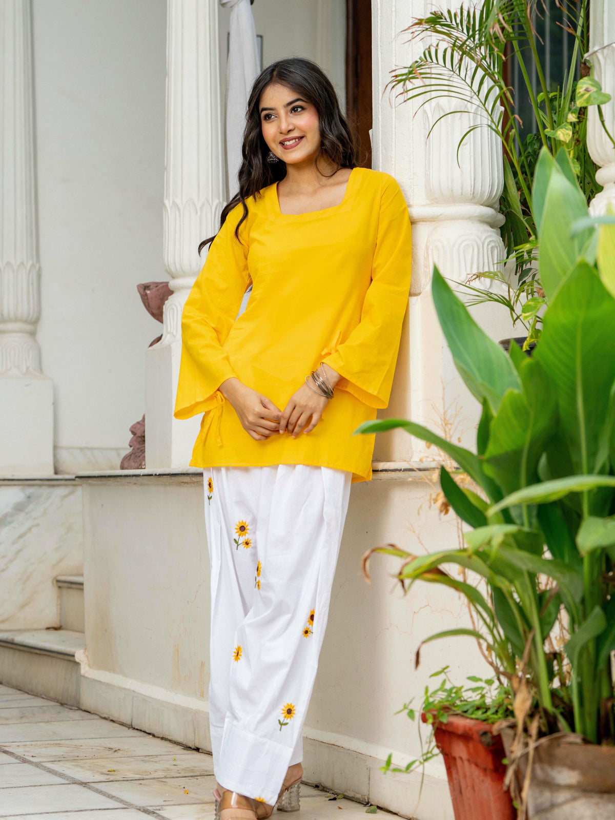 Women Yellow & White Sunflower Embroidered Cotton Farshi Salwar Set