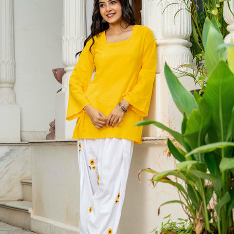 Women Yellow & White Sunflower Embroidered Cotton Farshi Salwar Set