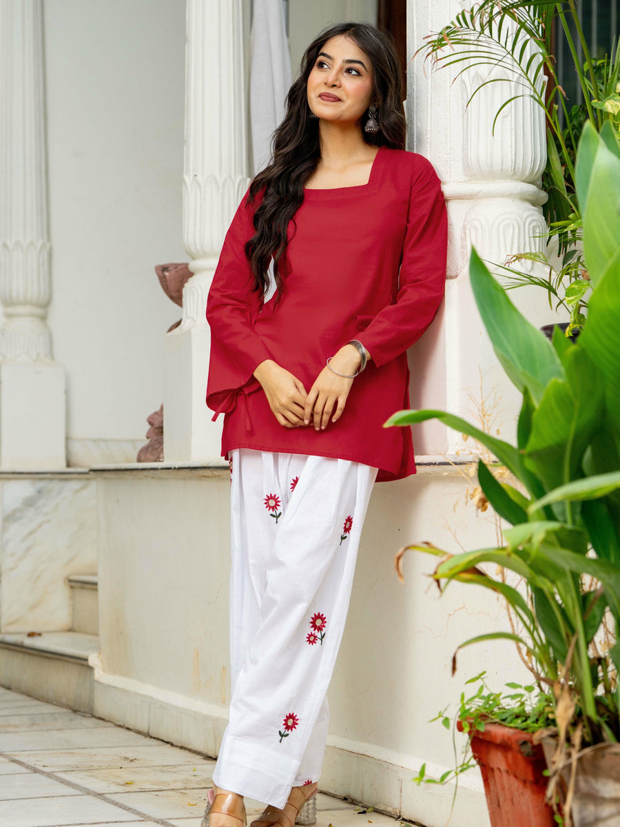 Women Red & White Embroidered Square Neck Short Kurti with Farshi Salwar