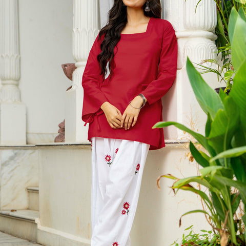 Women Red & White Embroidered Square Neck Short Kurti with Farshi Salwar