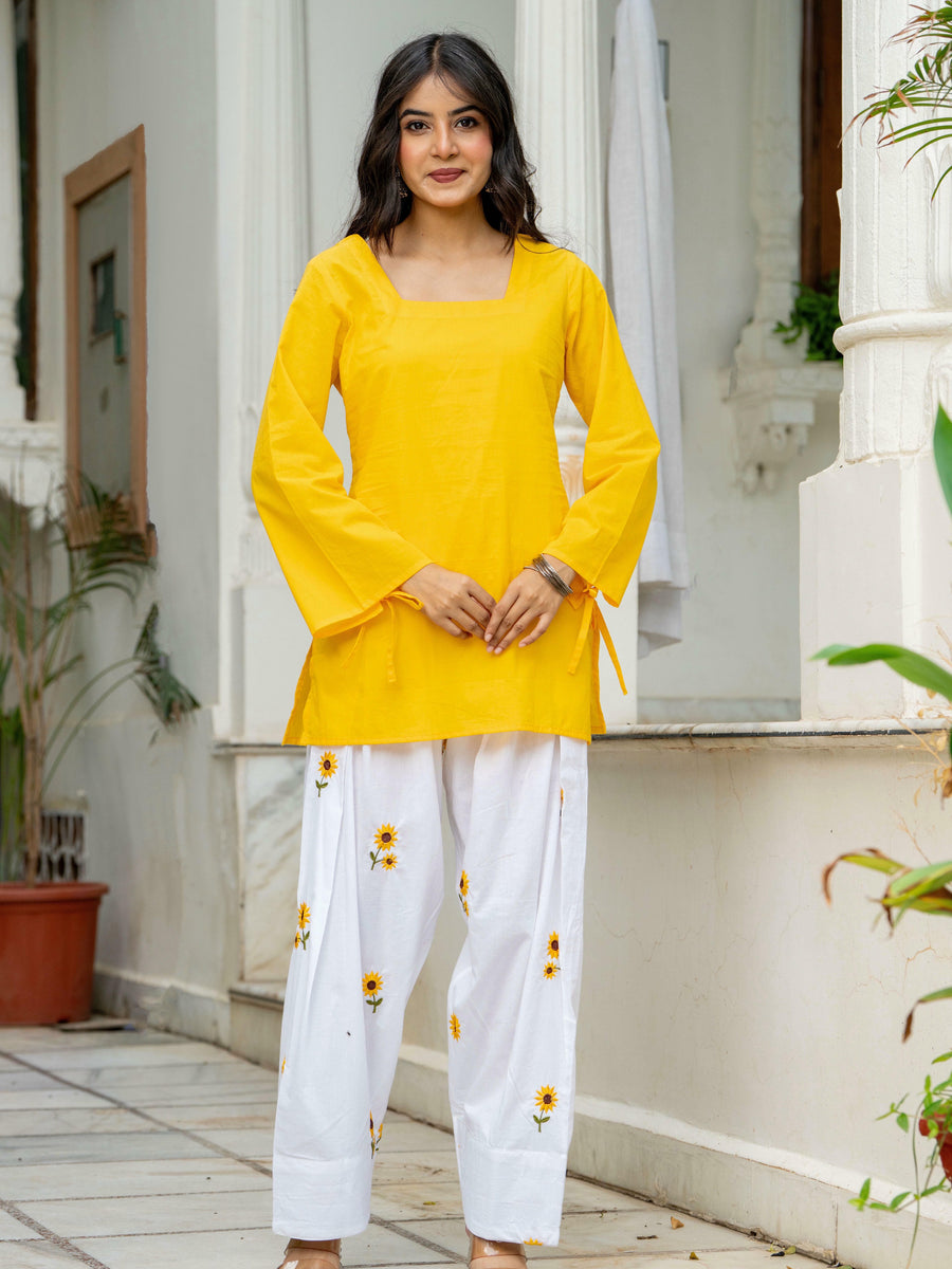 Women Yellow & White Sunflower Embroidered Cotton Farshi Salwar Set