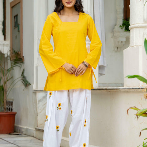 Women Yellow & White Sunflower Embroidered Cotton Farshi Salwar Set