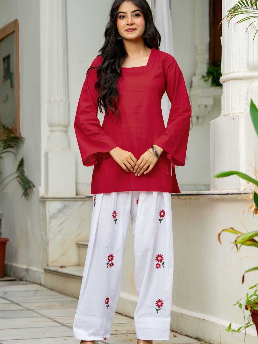 Women Red & White Embroidered Square Neck Short Kurti with Farshi Salwar