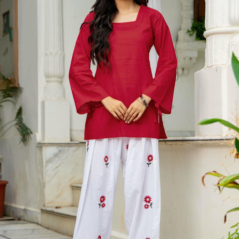 Women Red & White Embroidered Square Neck Short Kurti with Farshi Salwar