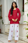 Women Red & White Embroidered Square Neck Short Kurti with Farshi Salwar