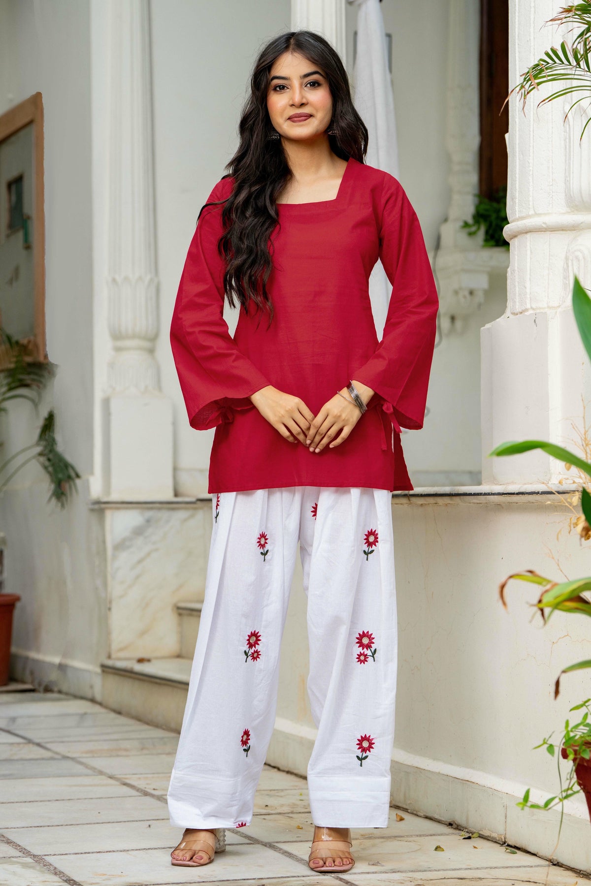 Women Red & White Embroidered Square Neck Short Kurti with Farshi Salwar