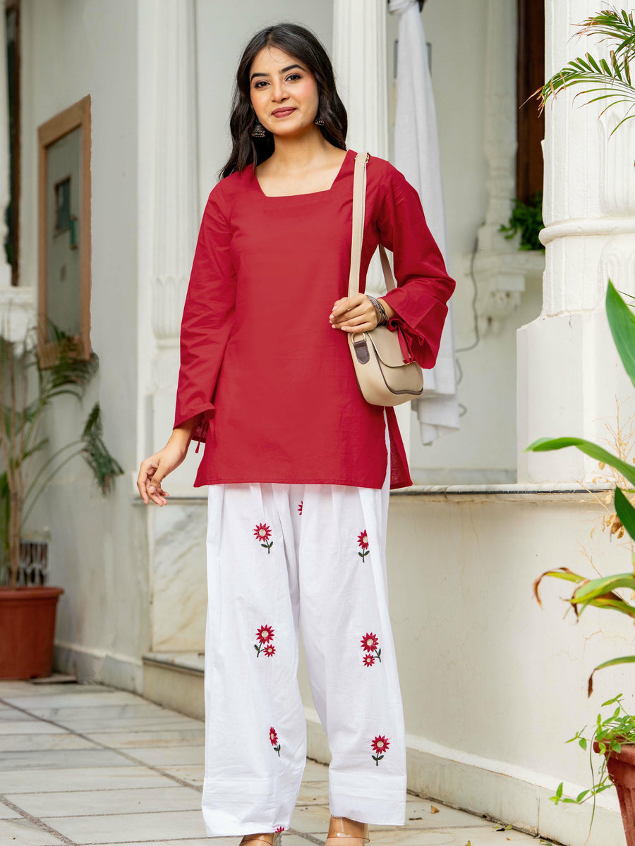 Women Red & White Embroidered Square Neck Short Kurti with Farshi Salwar