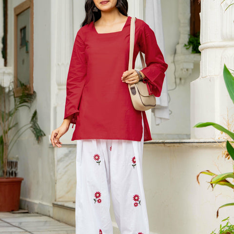 Women Red & White Embroidered Square Neck Short Kurti with Farshi Salwar