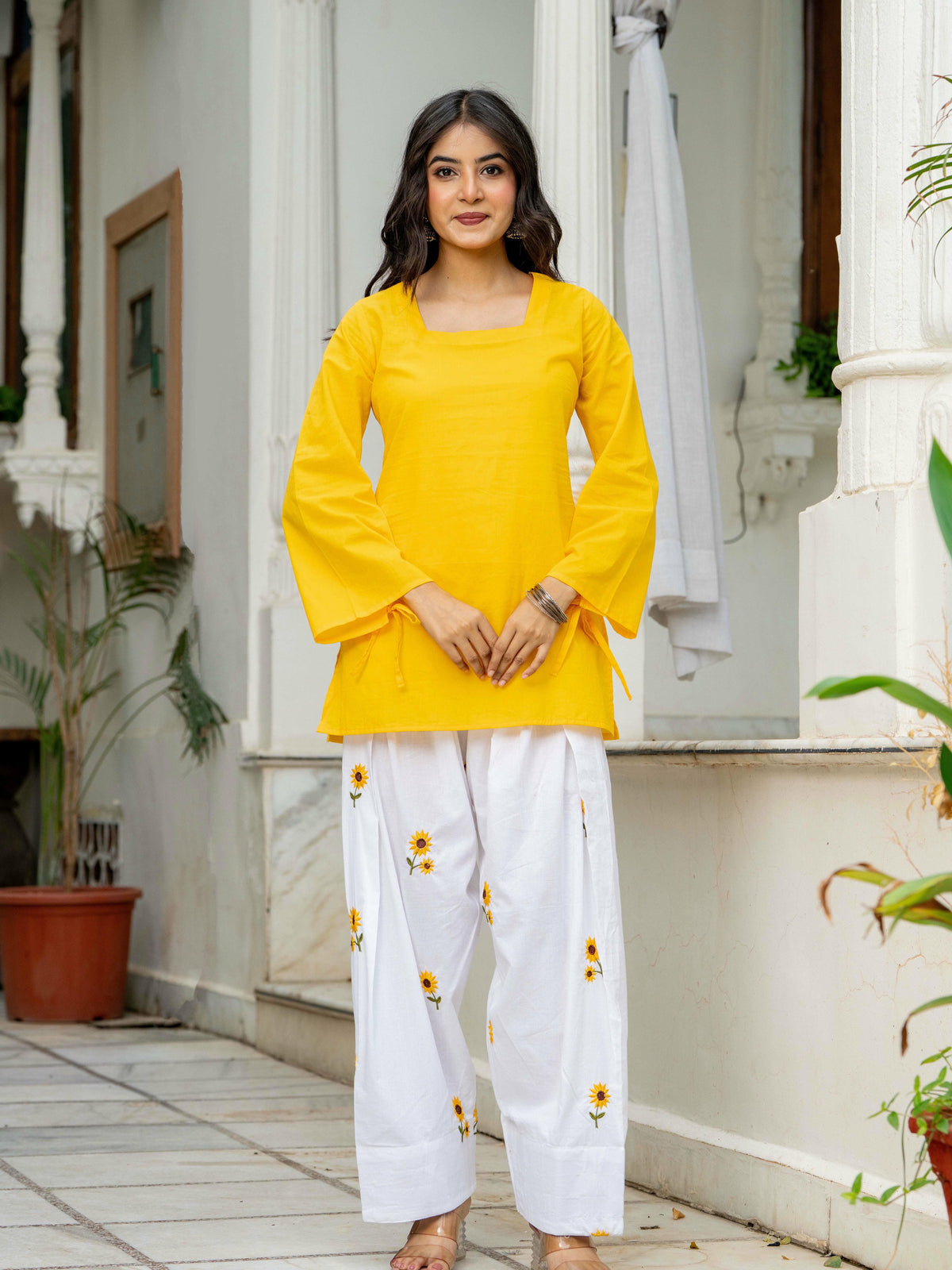 Women Yellow & White Sunflower Embroidered Cotton Farshi Salwar Set