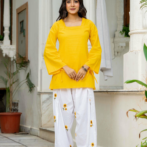 Women Yellow & White Sunflower Embroidered Cotton Farshi Salwar Set