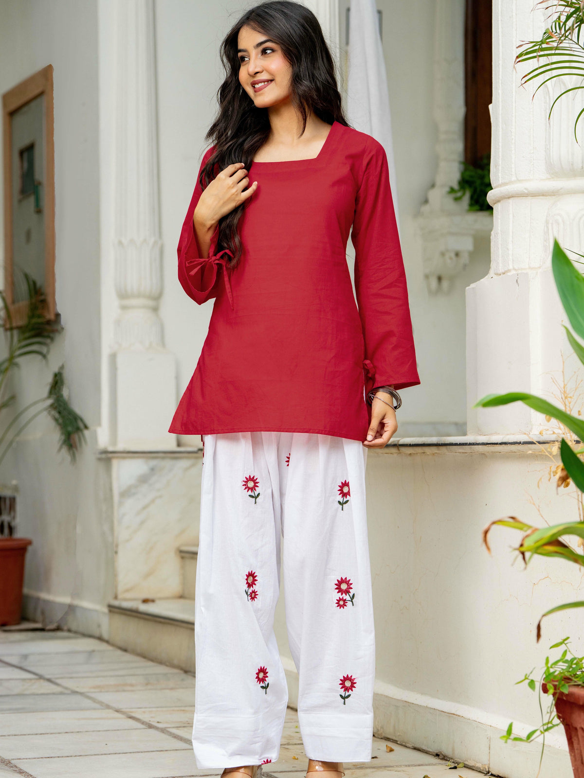Women Red & White Embroidered Square Neck Short Kurti with Farshi Salwar