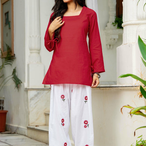 Women Red & White Embroidered Square Neck Short Kurti with Farshi Salwar
