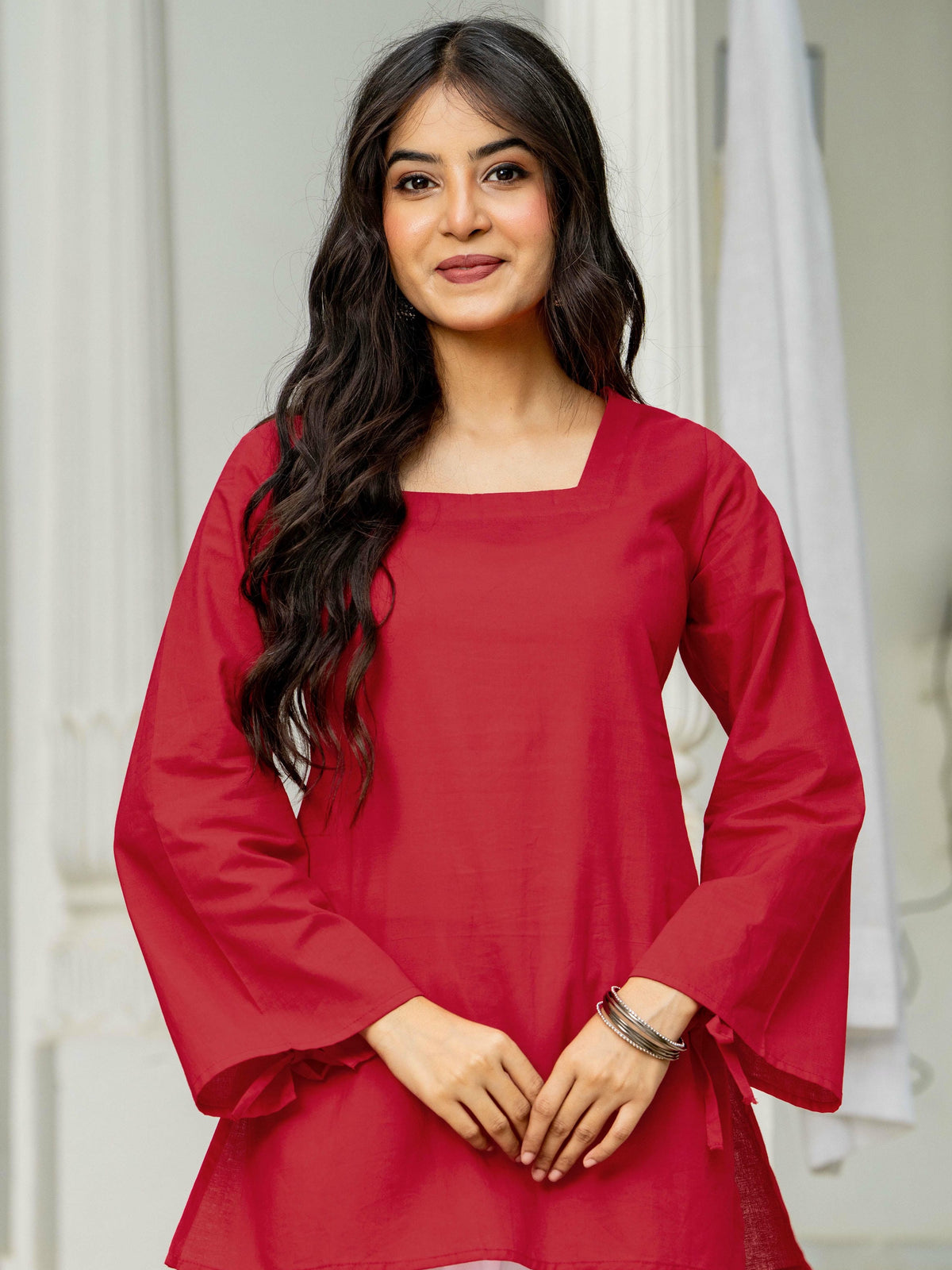 Women Red & White Embroidered Square Neck Short Kurti with Farshi Salwar