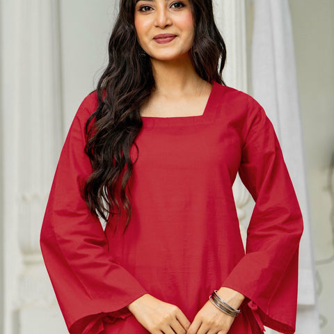 Women Red & White Embroidered Square Neck Short Kurti with Farshi Salwar