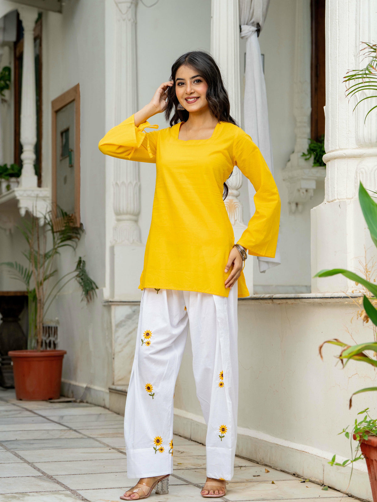 Women Yellow & White Sunflower Embroidered Cotton Farshi Salwar Set