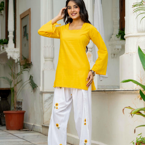 Women Yellow & White Sunflower Embroidered Cotton Farshi Salwar Set