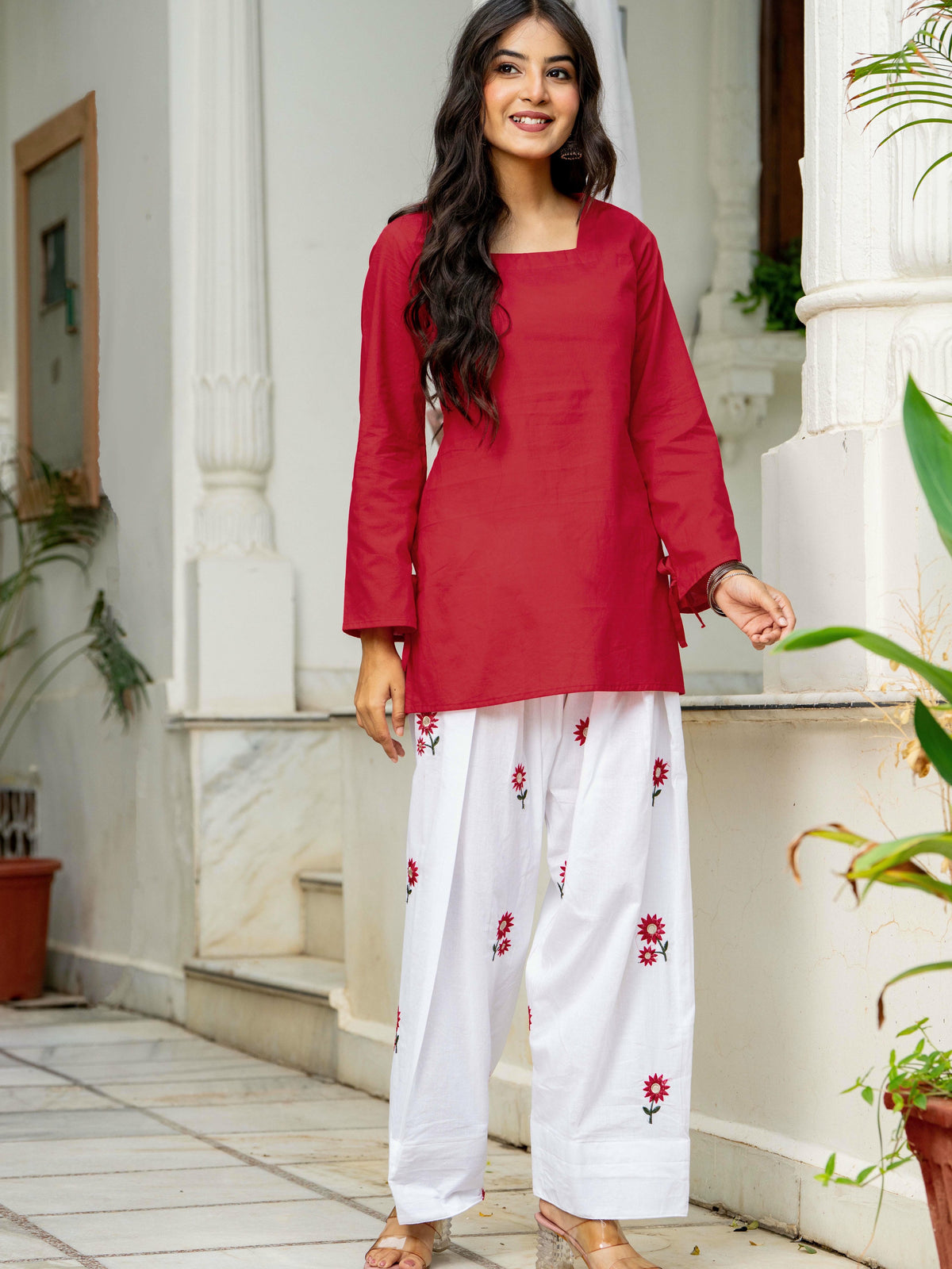 Women Red & White Embroidered Square Neck Short Kurti with Farshi Salwar