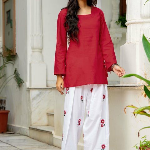 Women Red & White Embroidered Square Neck Short Kurti with Farshi Salwar