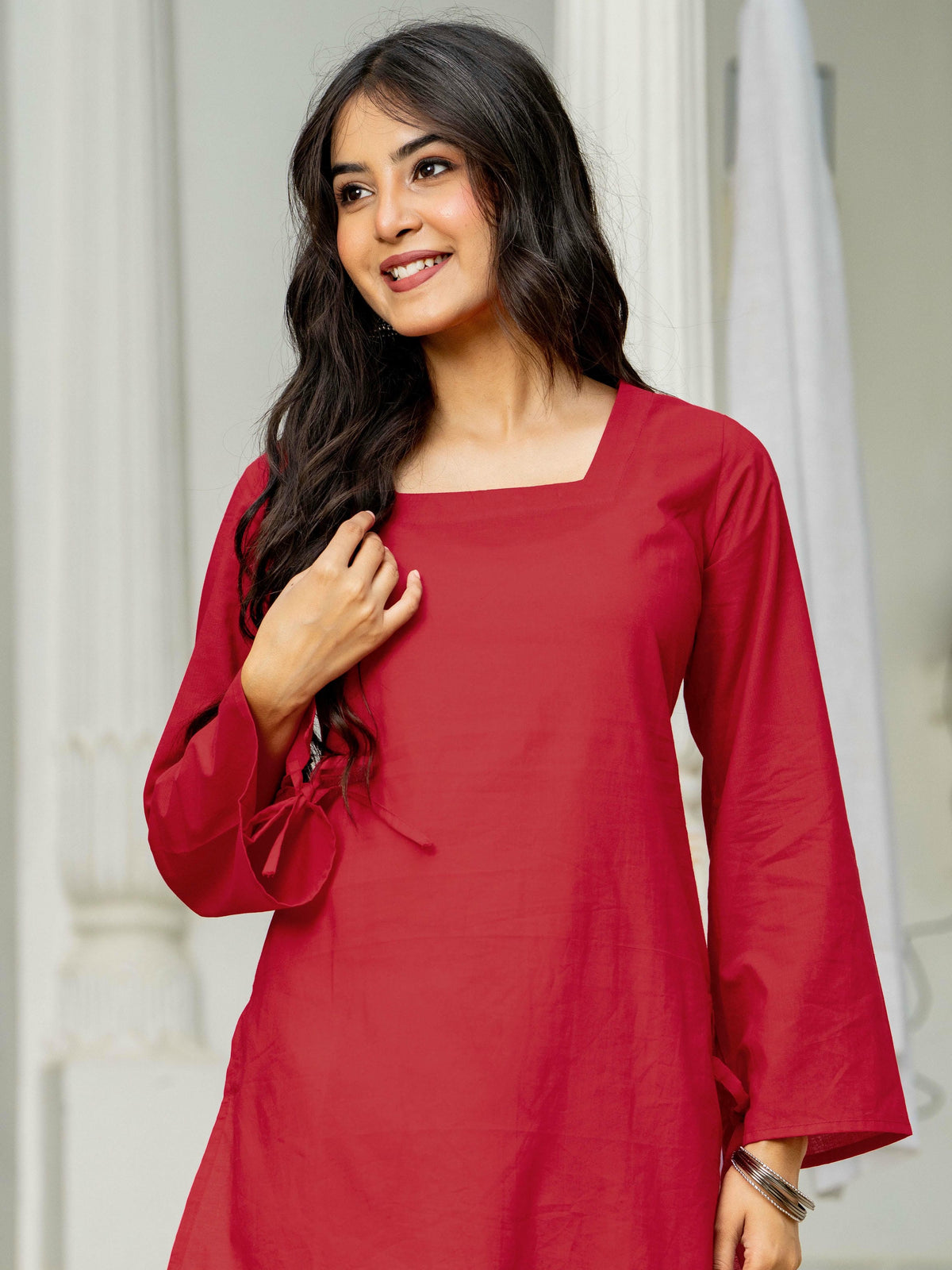 Women Red & White Embroidered Square Neck Short Kurti with Farshi Salwar