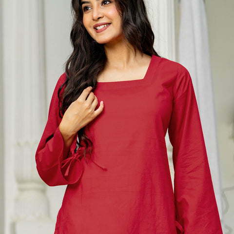 Women Red & White Embroidered Square Neck Short Kurti with Farshi Salwar