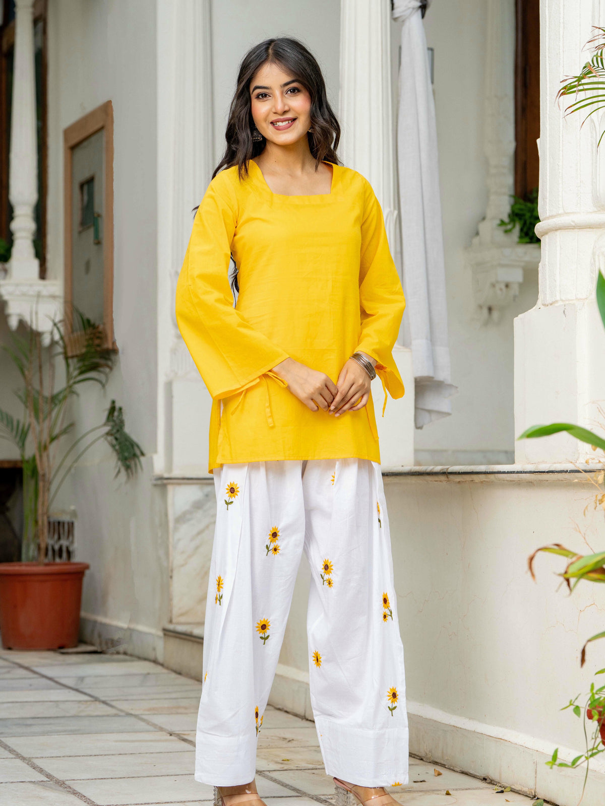 Women Yellow & White Sunflower Embroidered Cotton Farshi Salwar Set