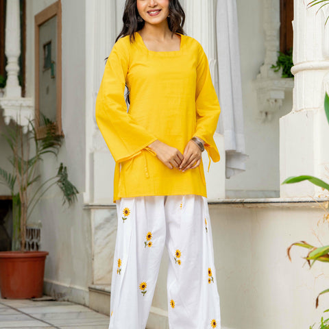 Women Yellow & White Sunflower Embroidered Cotton Farshi Salwar Set