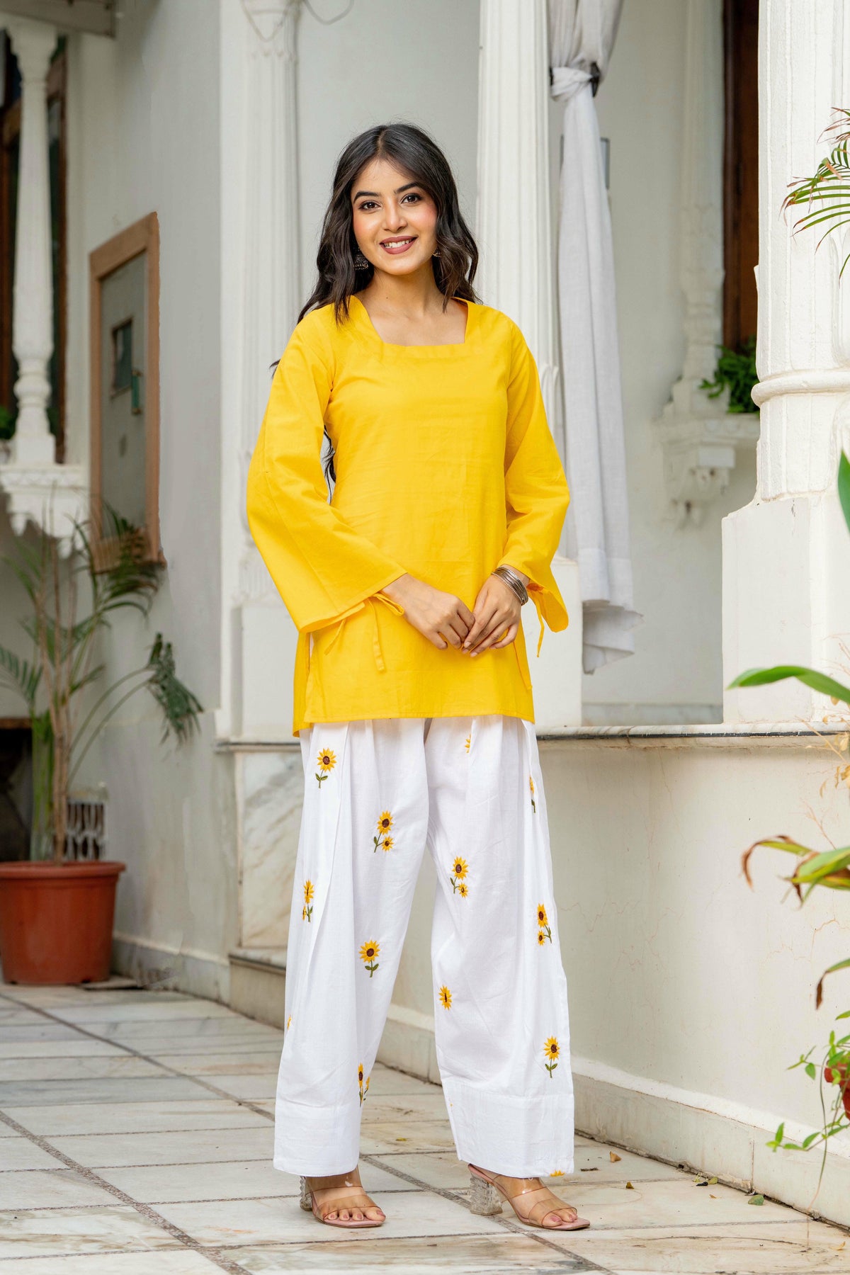 Women Yellow & White Sunflower Embroidered Cotton Farshi Salwar Set