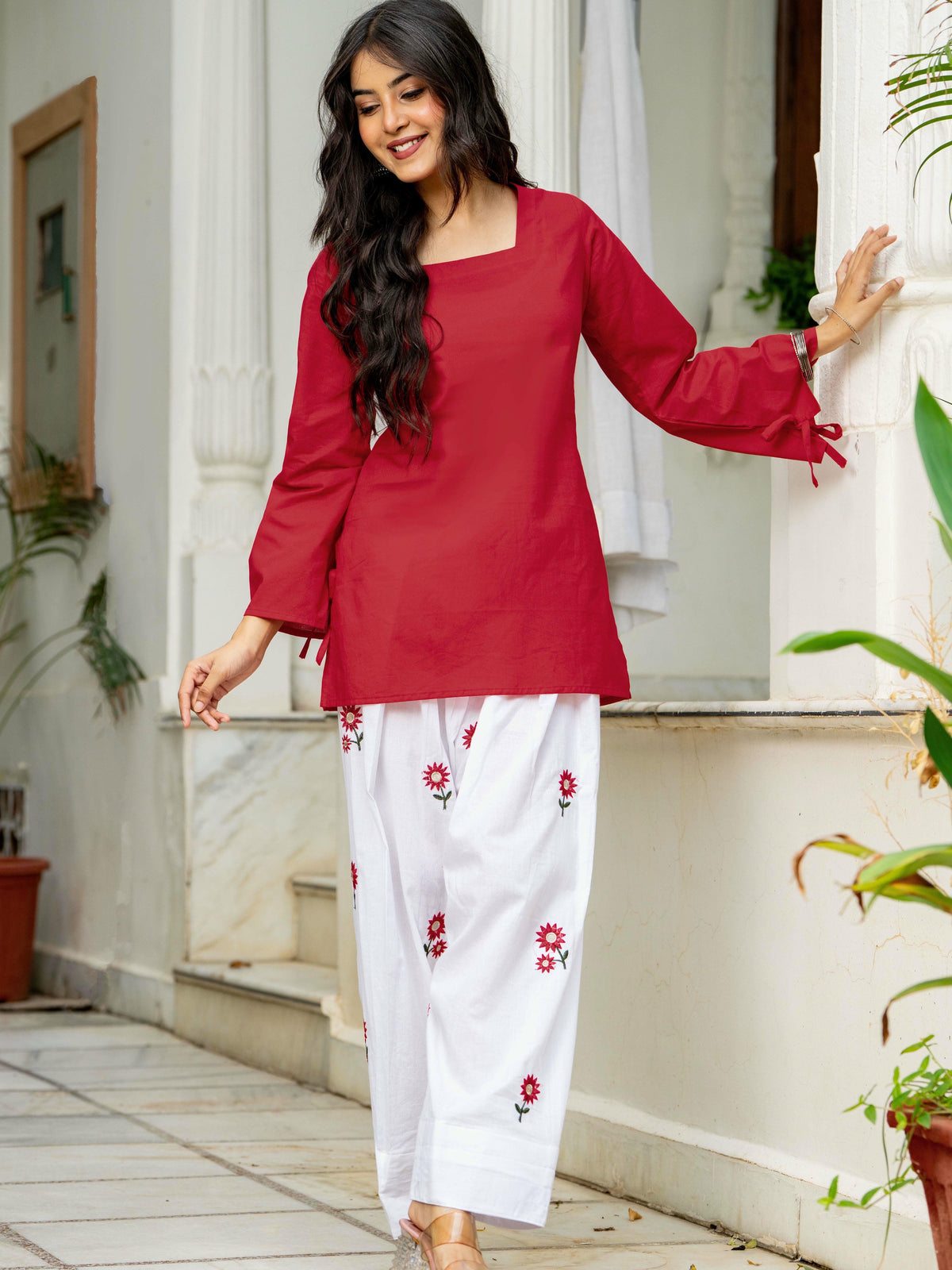 Women Red & White Embroidered Square Neck Short Kurti with Farshi Salwar