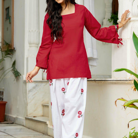 Women Red & White Embroidered Square Neck Short Kurti with Farshi Salwar