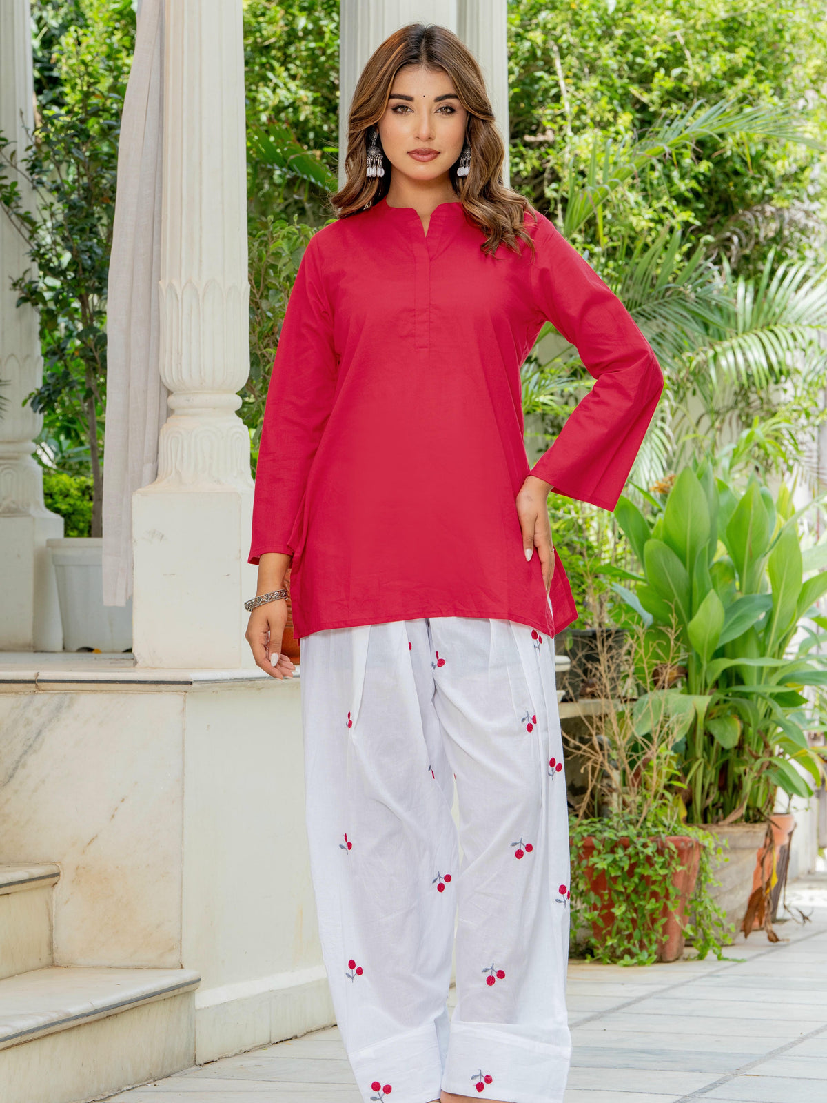 Women Red & White Cherry Print Cotton Farshi Salwar Set