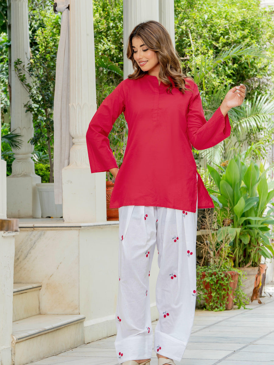 Women Red & White Cherry Print Cotton Farshi Salwar Set