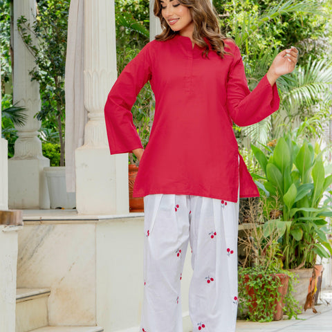 Women Red & White Cherry Print Cotton Farshi Salwar Set