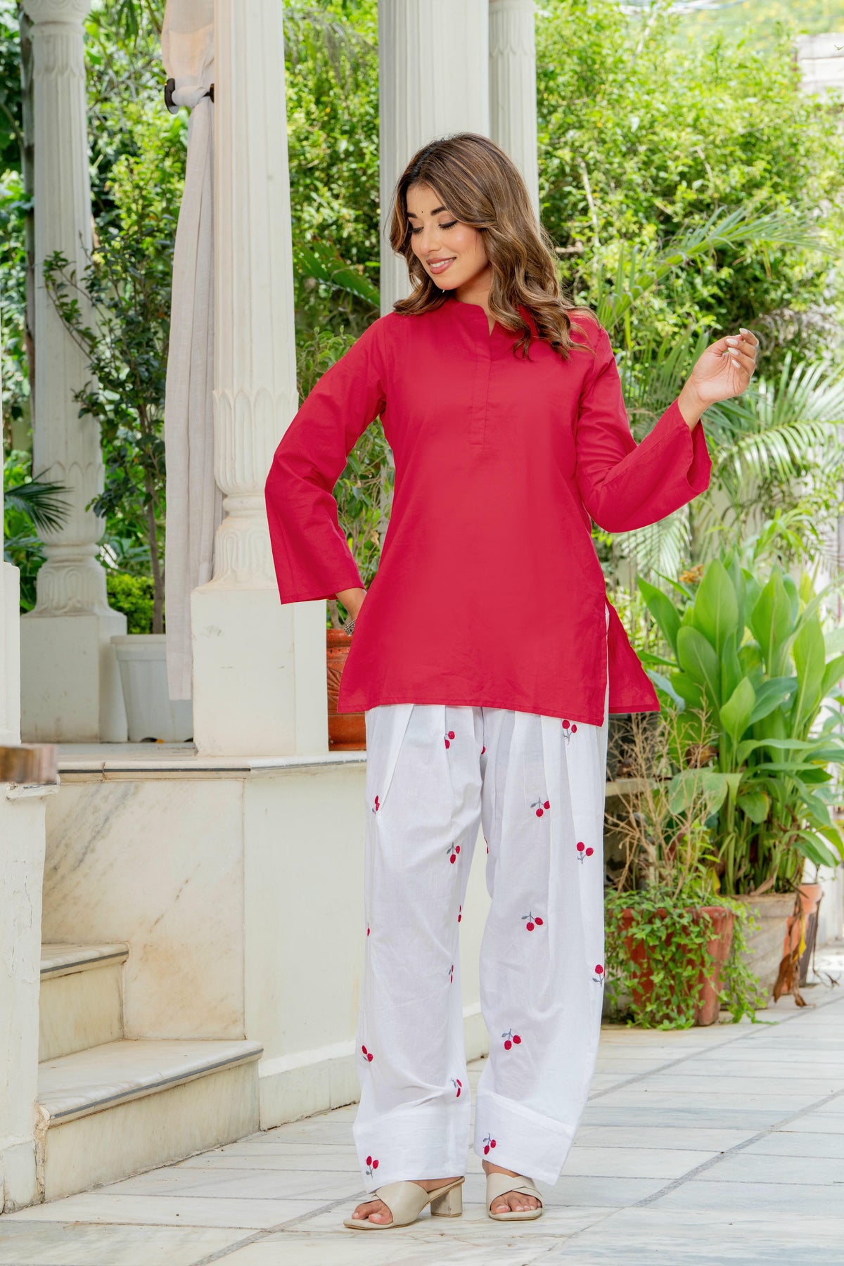 Women Red & White Cherry Print Cotton Farshi Salwar Set