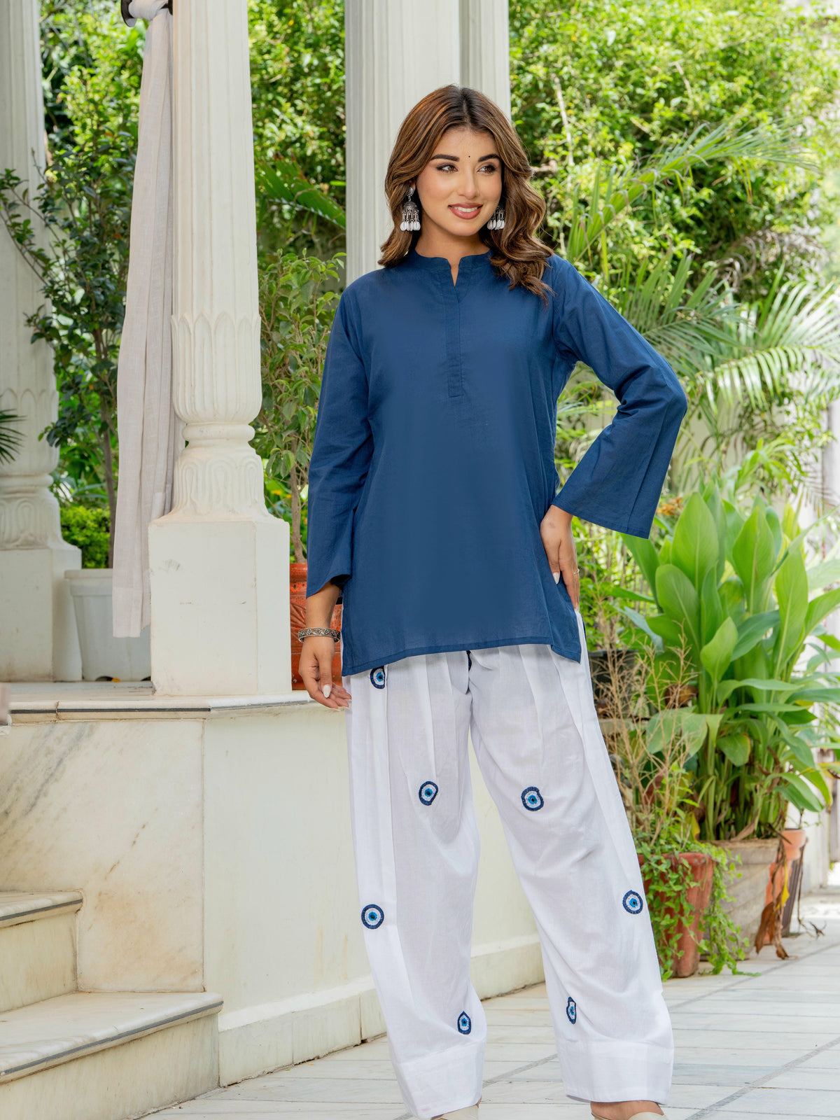 Women White & Blue Evil Eye Print Cotton Farshi Salwar Set