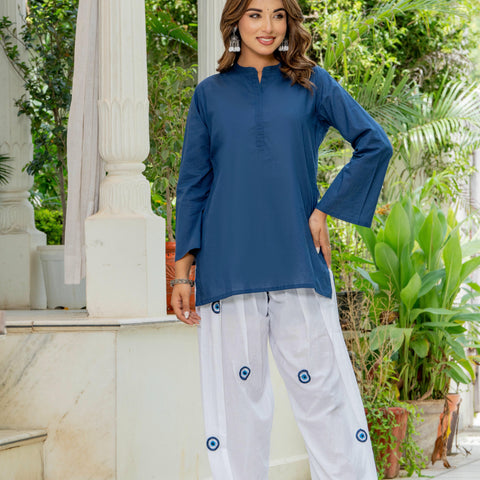 Women White & Blue Evil Eye Print Cotton Farshi Salwar Set