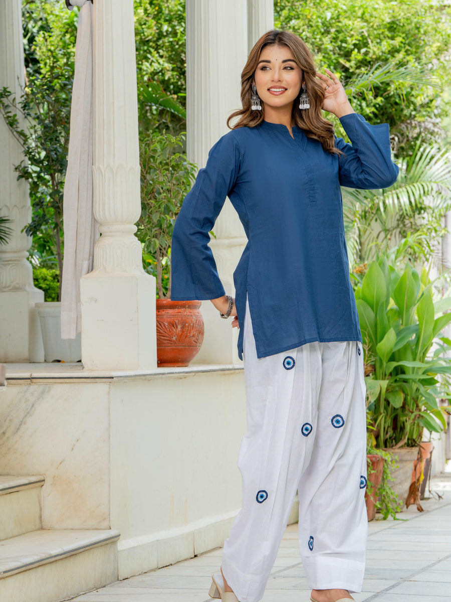 Women White & Blue Evil Eye Print Cotton Farshi Salwar Set