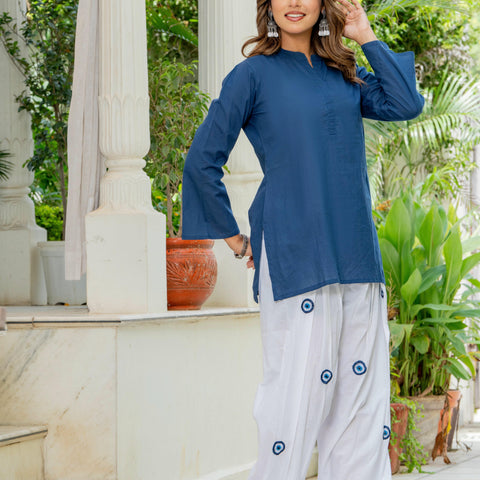 Women White & Blue Evil Eye Print Cotton Farshi Salwar Set