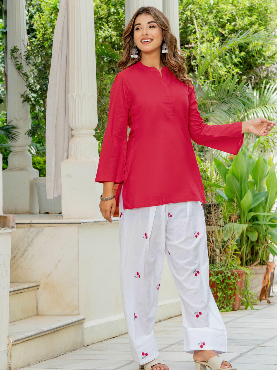 Women Red & White Cherry Print Cotton Farshi Salwar Set