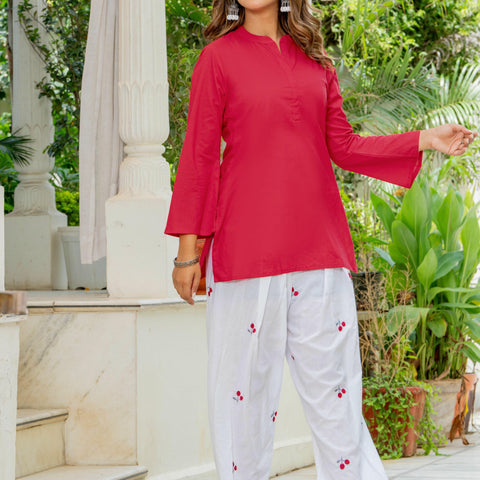 Women Red & White Cherry Print Cotton Farshi Salwar Set