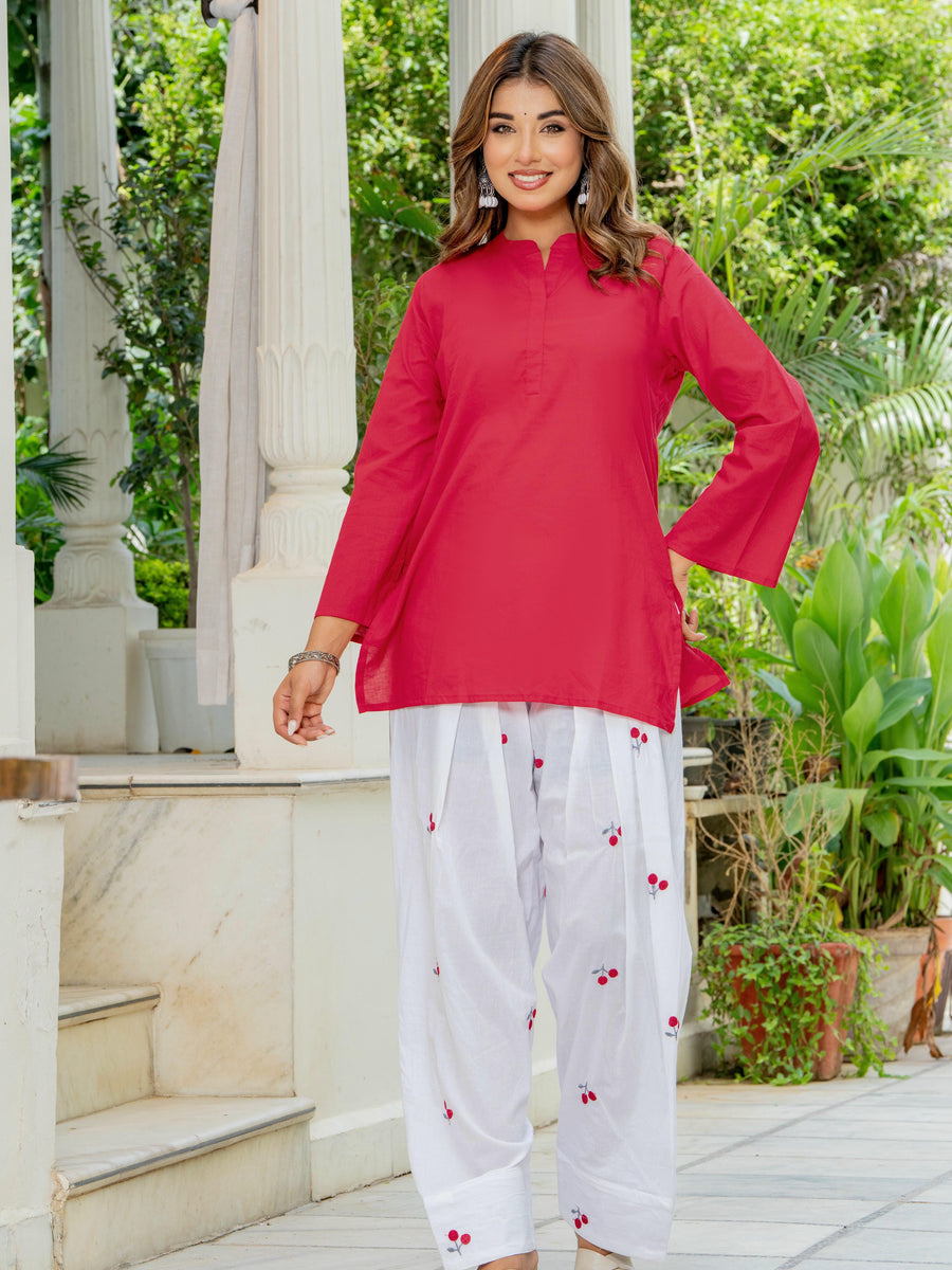 Women Red & White Cherry Print Cotton Farshi Salwar Set