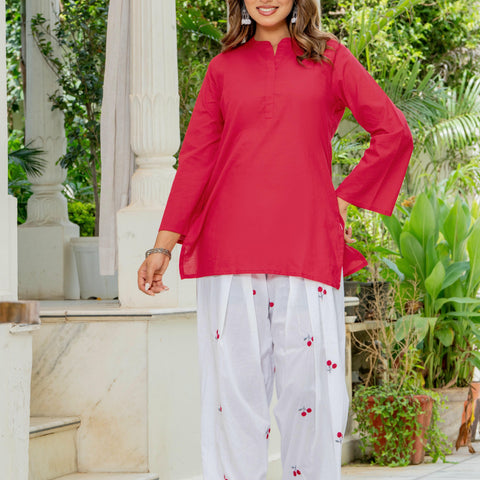 Women Red & White Cherry Print Cotton Farshi Salwar Set