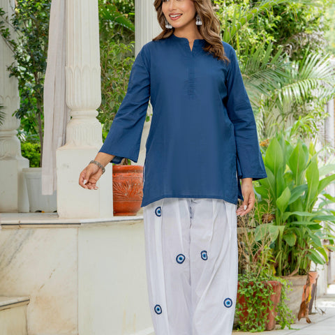Women White & Blue Evil Eye Print Cotton Farshi Salwar Set