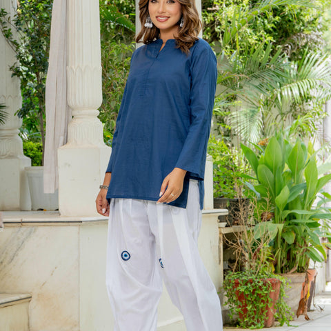 Women White & Blue Evil Eye Print Cotton Farshi Salwar Set