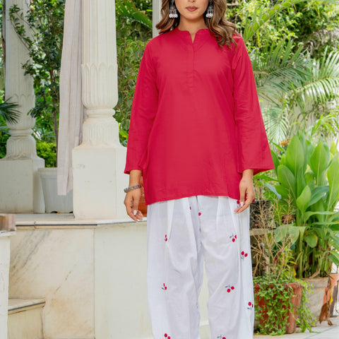 Women Red & White Cherry Print Cotton Farshi Salwar Set