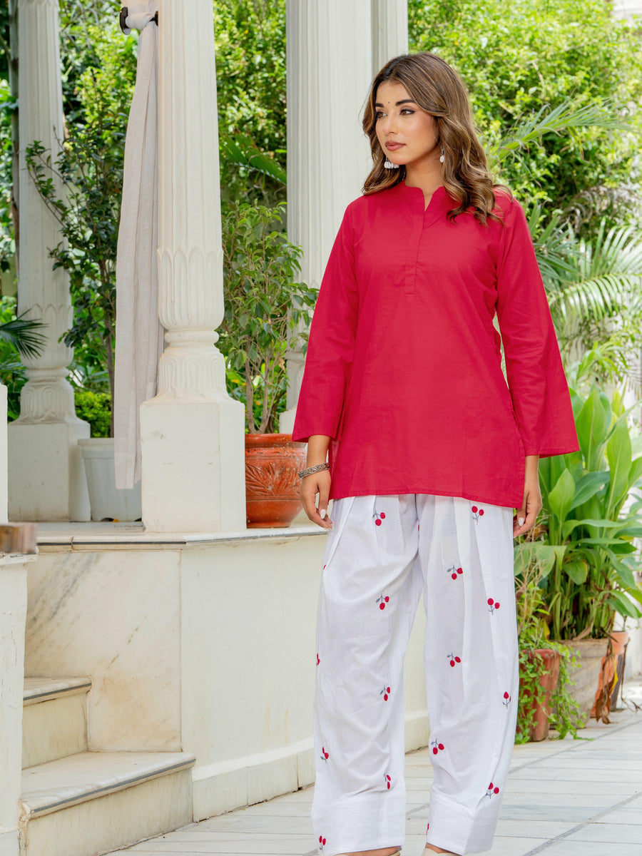 Women Red & White Cherry Print Cotton Farshi Salwar Set