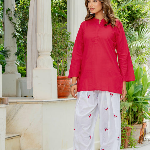 Women Red & White Cherry Print Cotton Farshi Salwar Set