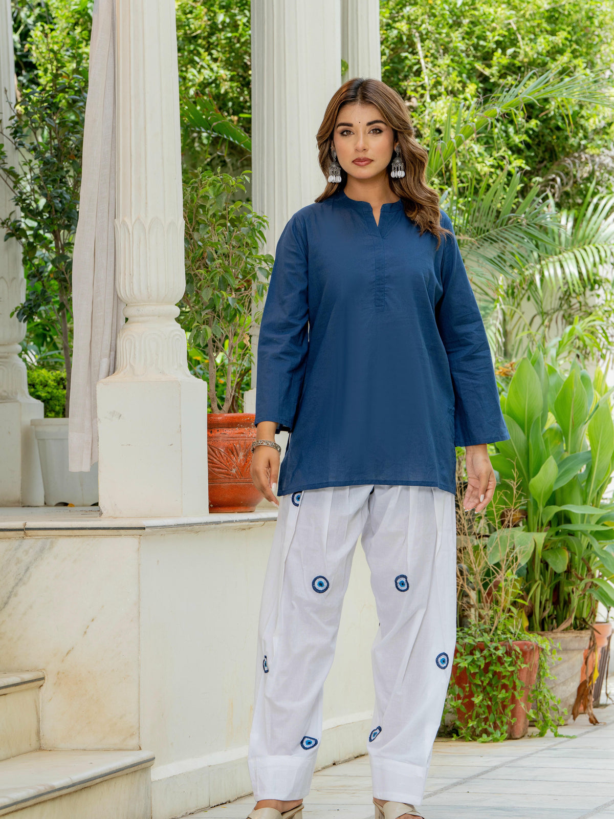Women White & Blue Evil Eye Print Cotton Farshi Salwar Set