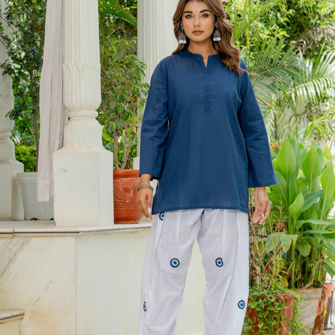 Women White & Blue Evil Eye Print Cotton Farshi Salwar Set