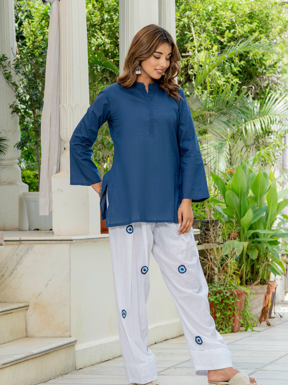 Women White & Blue Evil Eye Print Cotton Farshi Salwar Set