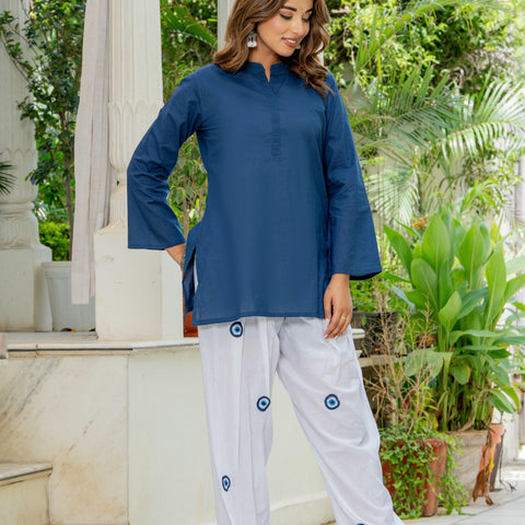 Women White & Blue Evil Eye Print Cotton Farshi Salwar Set